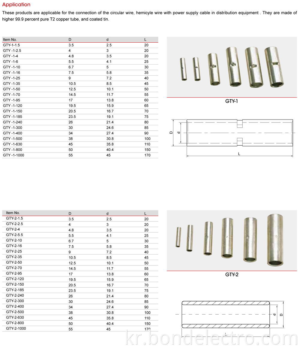 Parameter of GTY Type Copper Butt Connectors